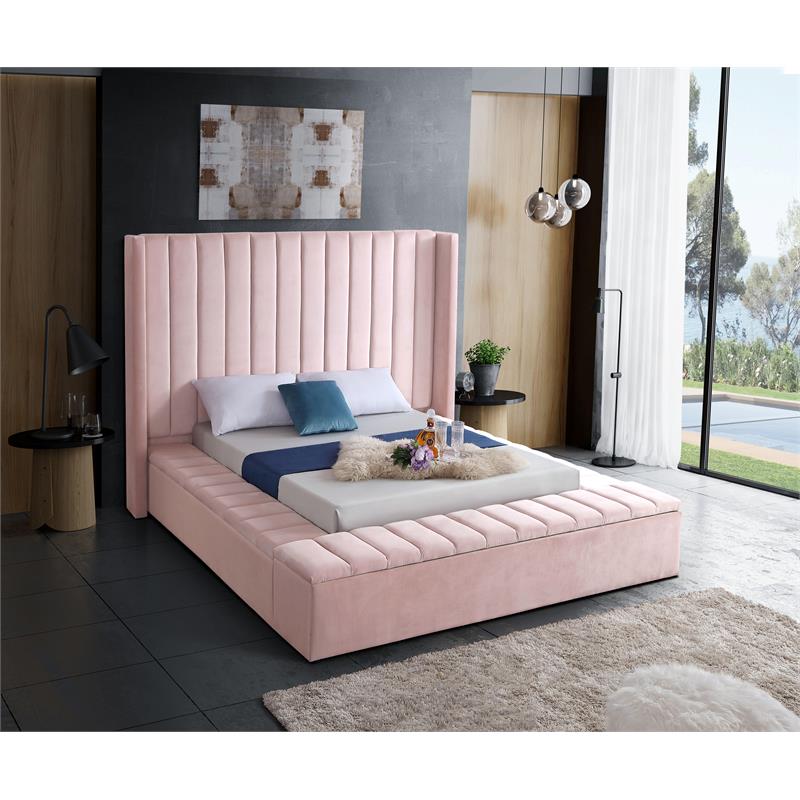 Meridian Furniture Kiki Solid Wood and Velvet Full Bed in Pink