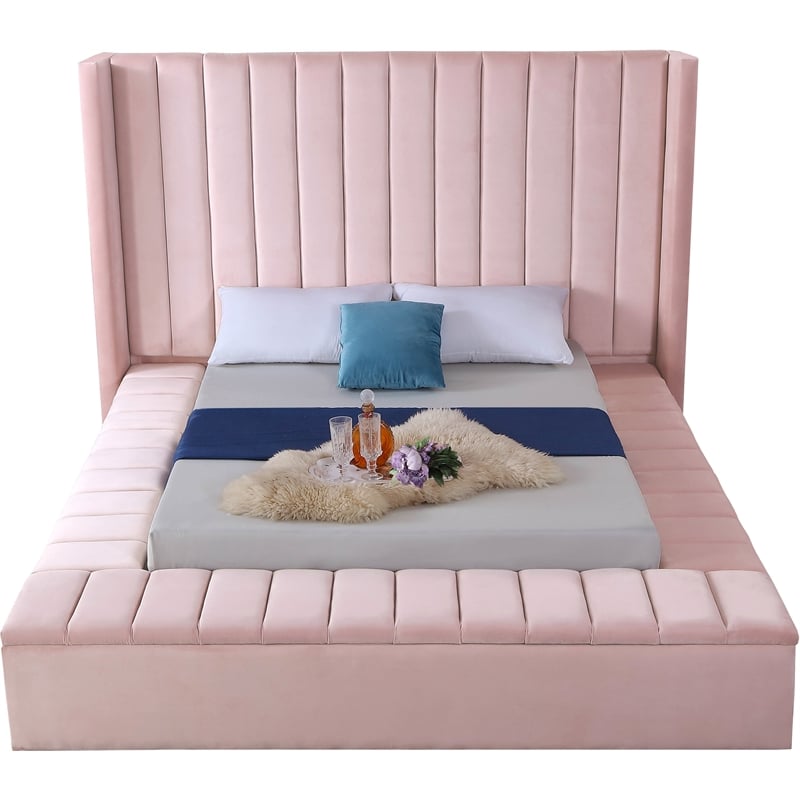Meridian Furniture Kiki Solid Wood and Velvet Full Bed in Pink
