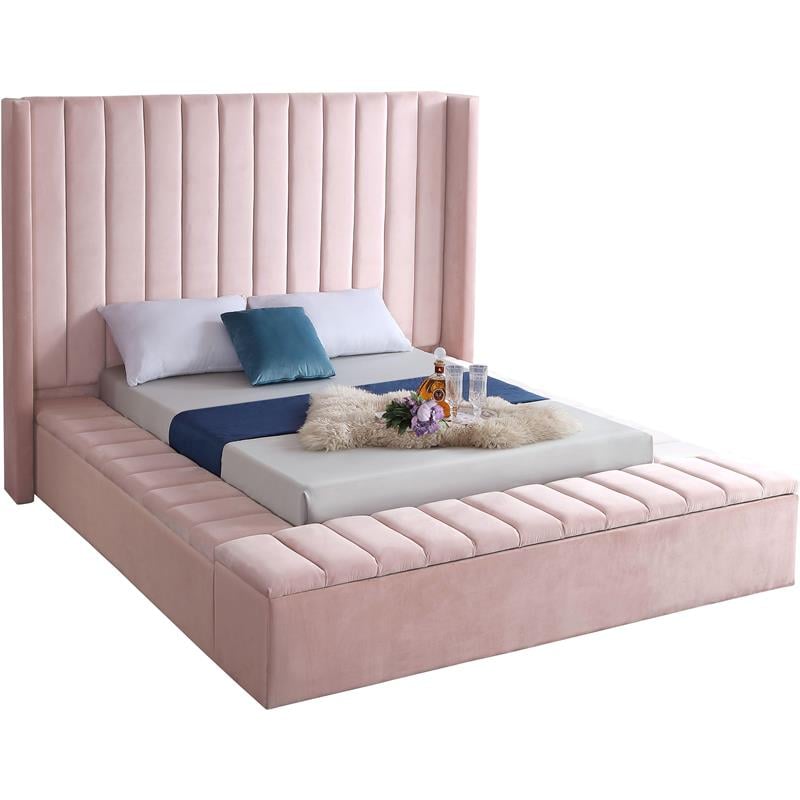 Meridian Furniture Kiki Solid Wood and Velvet King Bed in Pink