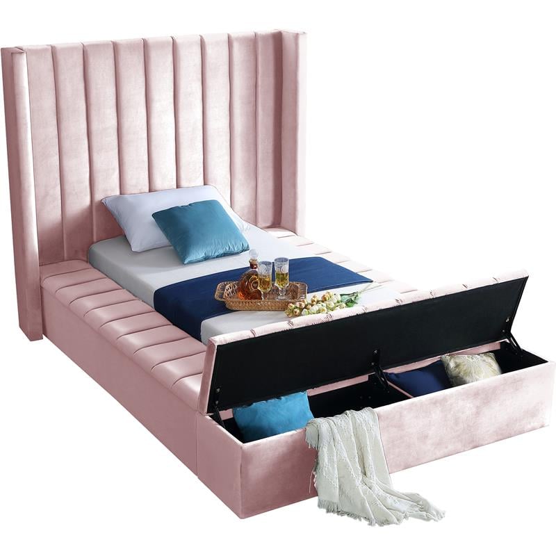 Meridian Furniture Kiki Solid Wood and Velvet Twin Bed in Pink