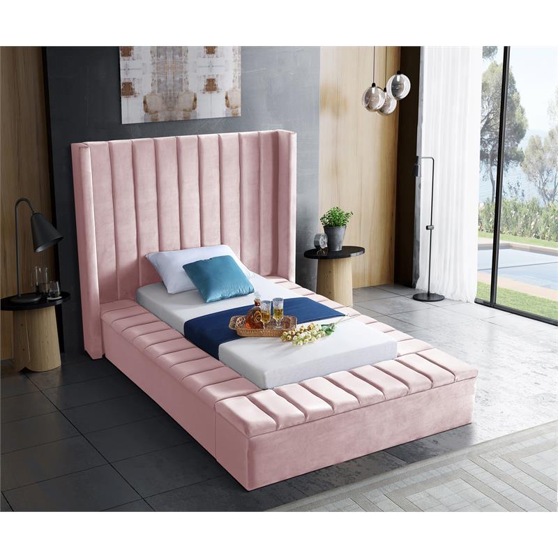 Meridian Furniture Kiki Solid Wood and Velvet Twin Bed in Pink