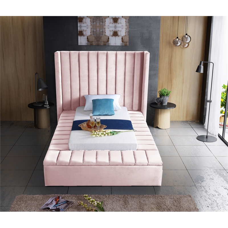 Meridian Furniture Kiki Solid Wood and Velvet Twin Bed in Pink
