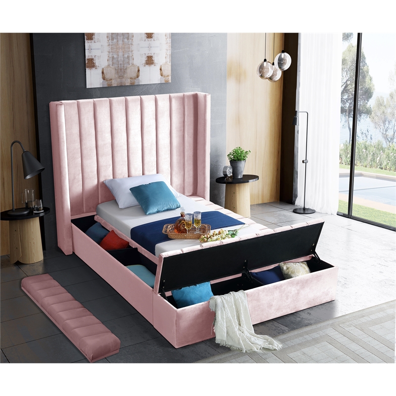 Meridian Furniture Kiki Solid Wood and Velvet Twin Bed in Pink