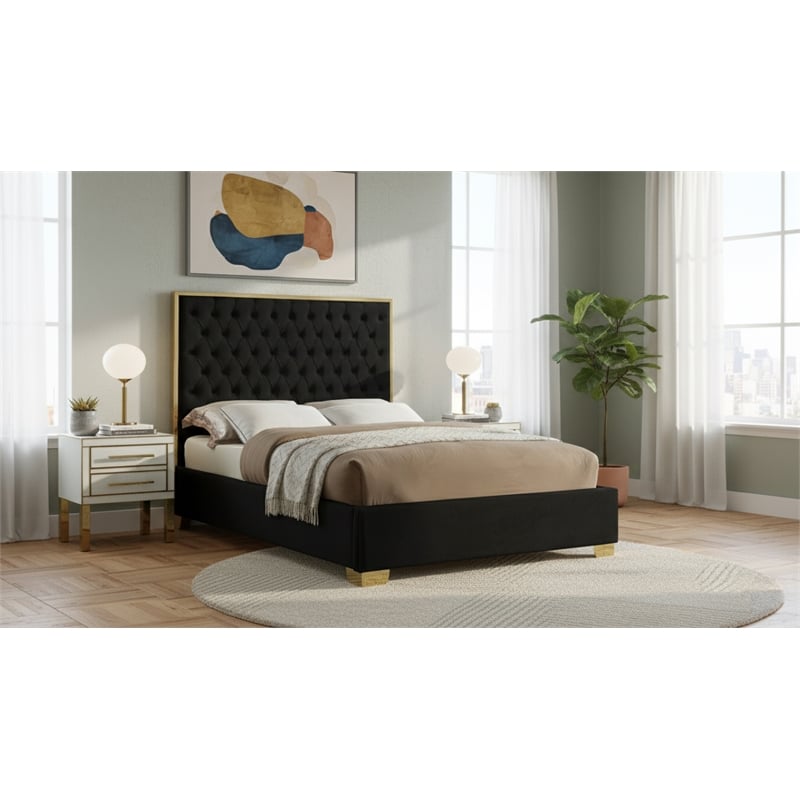 Meridian Furniture Lana Solid Wood and Velvet Full Bed in Black