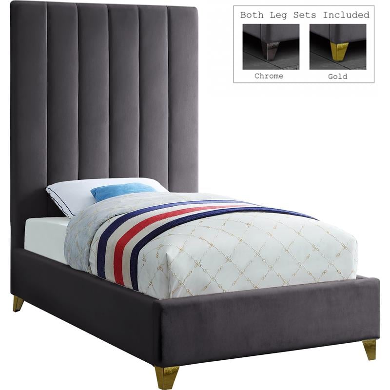 Meridian Furniture Via Rich Velvet Twin Bed in Gray