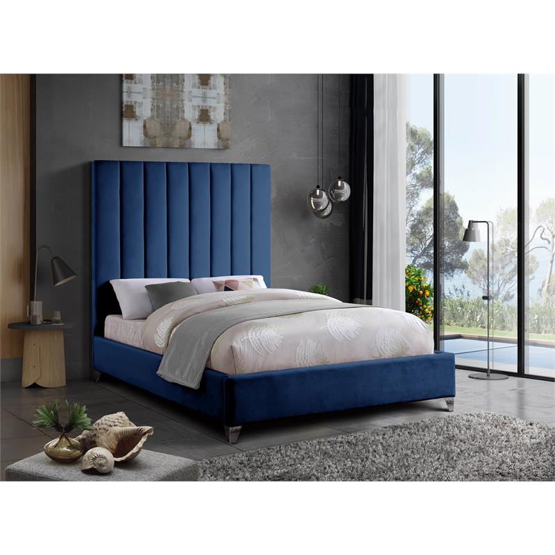 Meridian Furniture Via Rich Velvet Full Bed in Navy