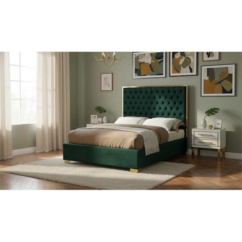 Meridian Furniture Lana Solid Wood and Velvet Full Bed in Green