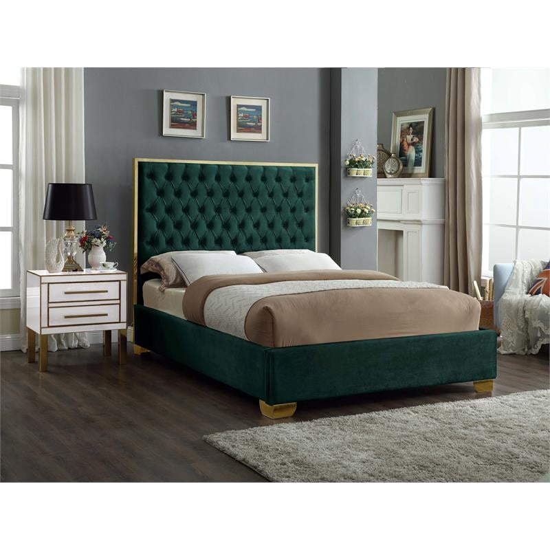 Meridian Furniture Lana Solid Wood and Velvet Queen Bed in Green