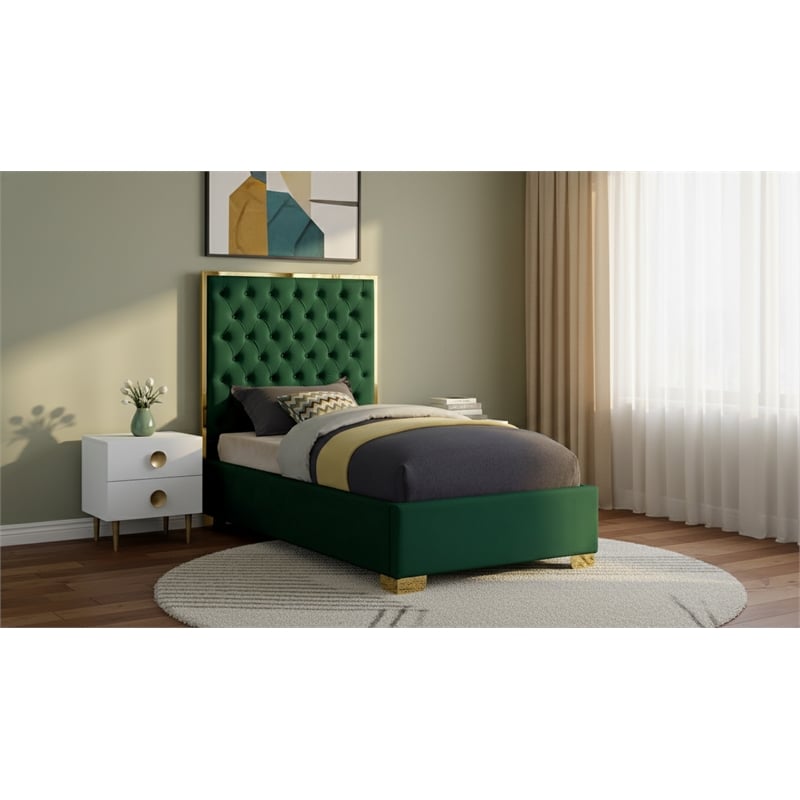 Meridian Furniture Lana Solid Wood and Velvet Twin Bed in Green