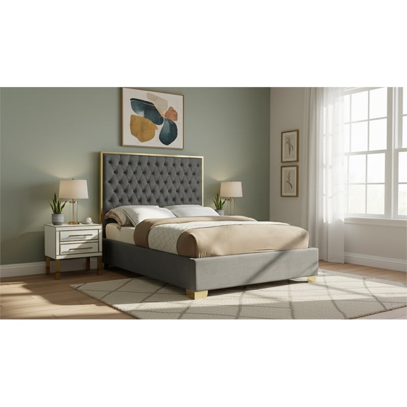 Meridian Furniture Lana Solid Wood and Velvet Full Bed in Gray