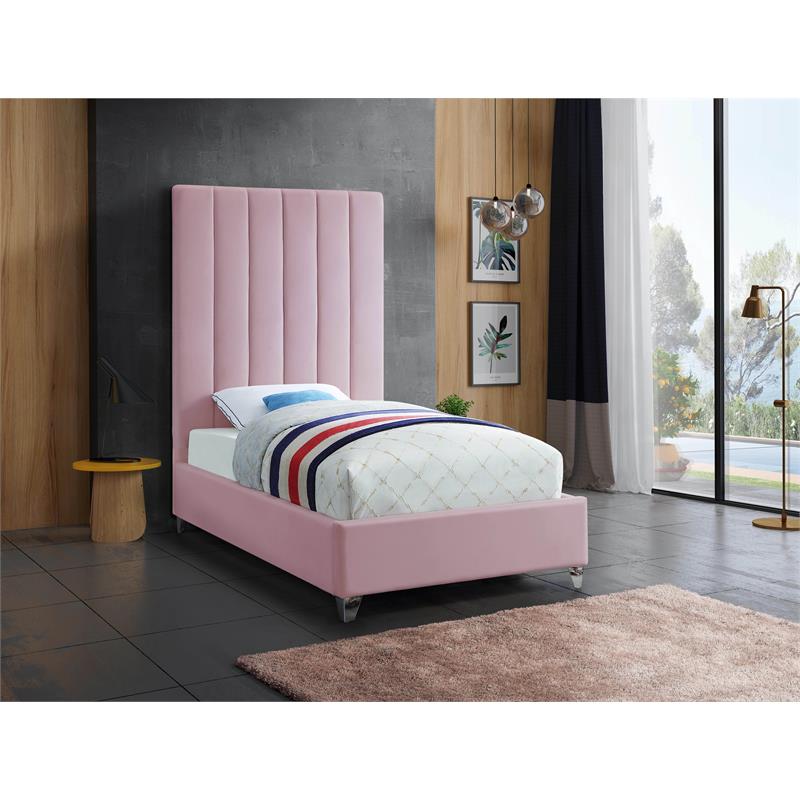 Meridian Furniture Via Rich Velvet Twin Bed in Pink