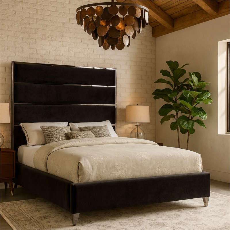 Meridian Furniture Zuma Solid Wood and Rich Velvet Queen Bed in Black