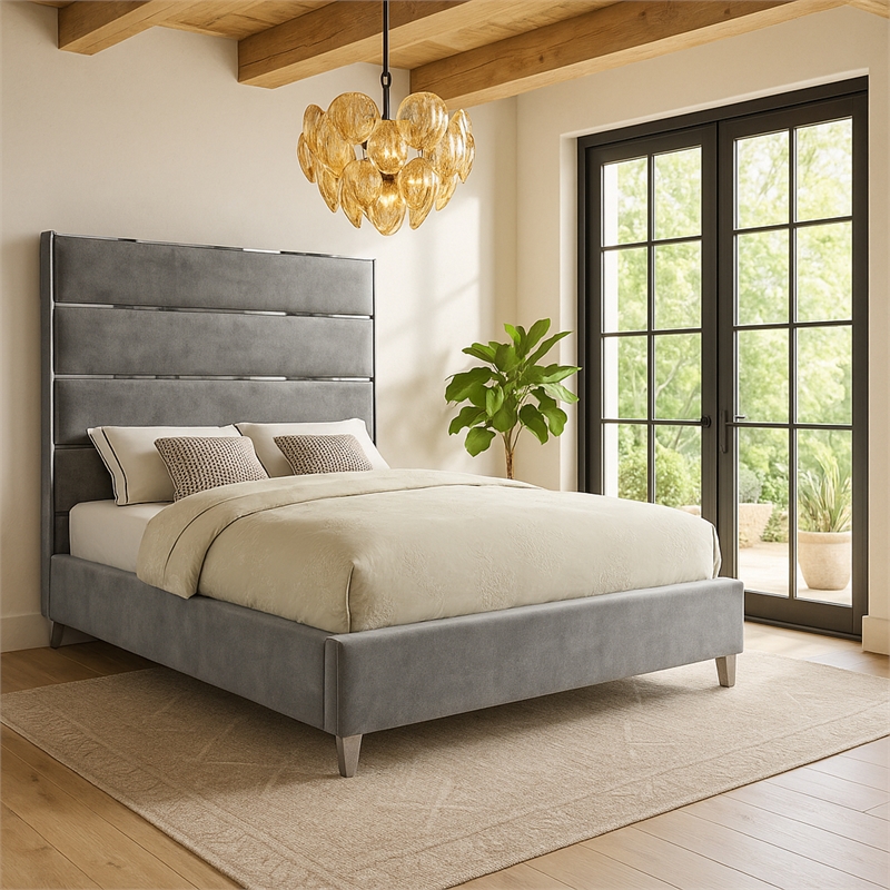 Meridian Furniture Zuma Solid Wood and Rich Velvet Full Bed in Gray
