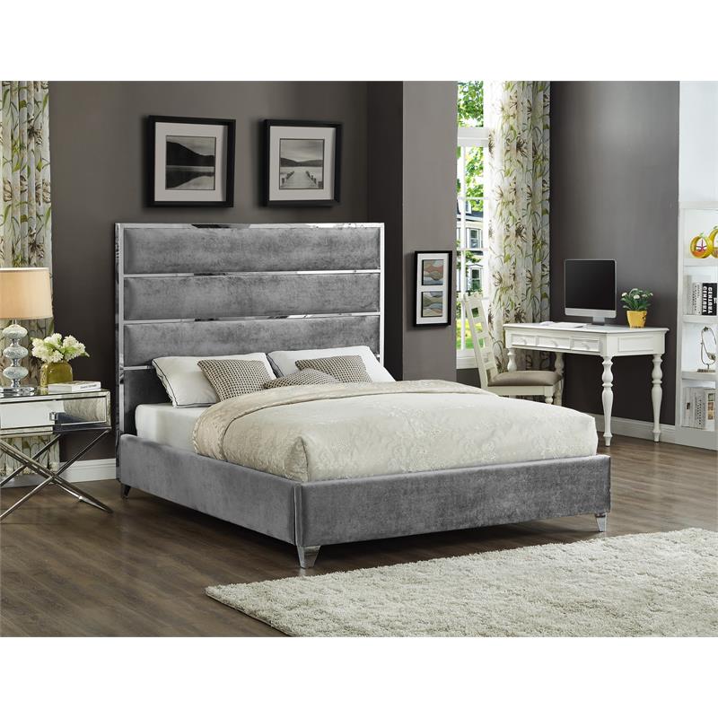 Meridian Furniture Zuma Solid Wood and Rich Velvet King Bed in Gray