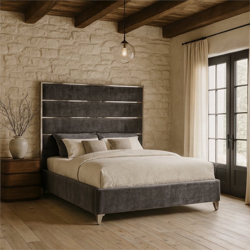 Meridian Furniture Zuma Solid Wood and Rich Velvet King Bed in Gray
