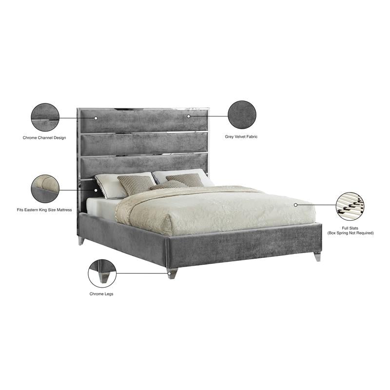 Meridian Furniture Zuma Solid Wood and Rich Velvet King Bed in Gray