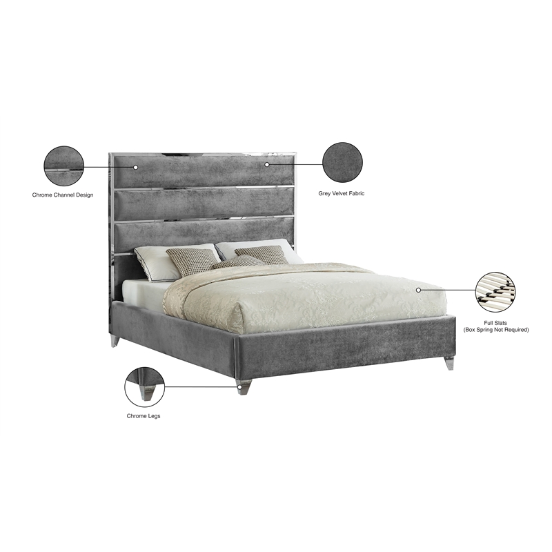 Meridian Furniture Zuma Solid Wood and Rich Velvet Queen Bed in Gray