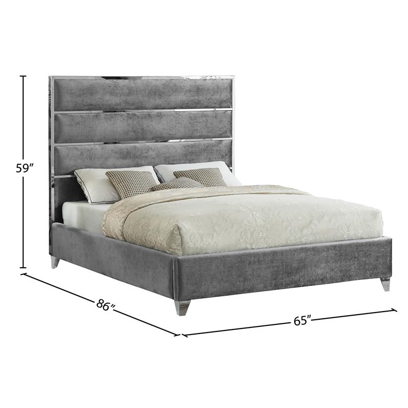 Meridian Furniture Zuma Solid Wood and Rich Velvet Queen Bed in Gray