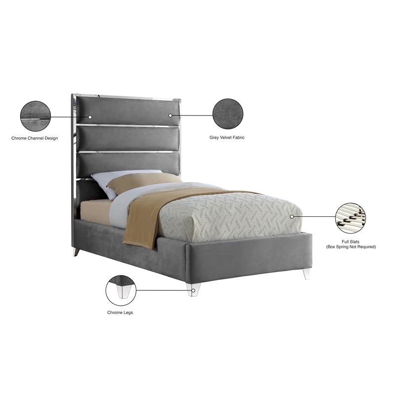 Meridian Furniture Zuma Solid Wood and Rich Velvet Twin Bed in Gray