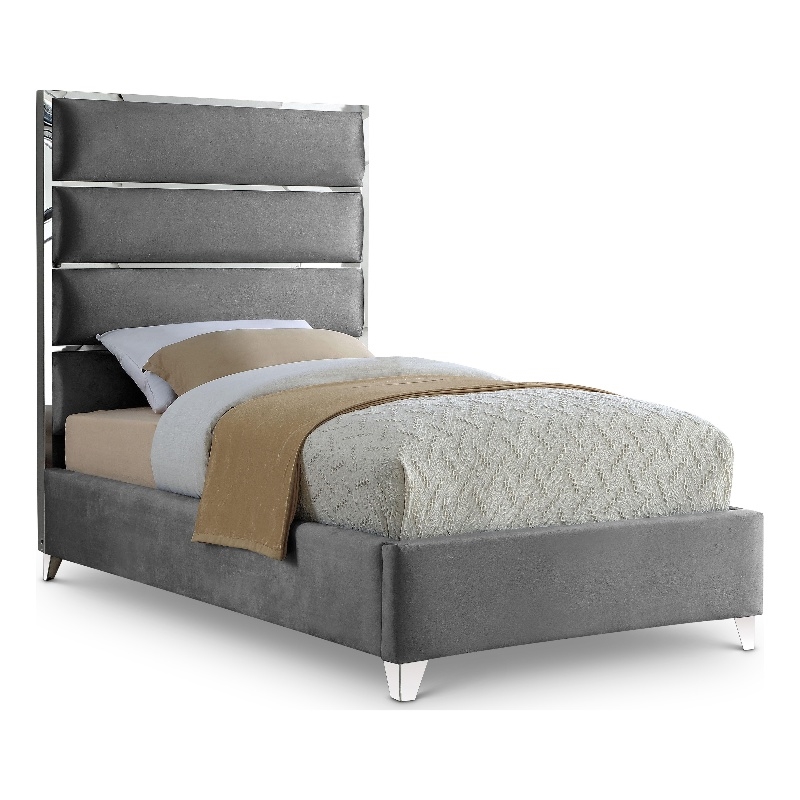 Meridian Furniture Zuma Solid Wood and Rich Velvet Twin Bed in Gray