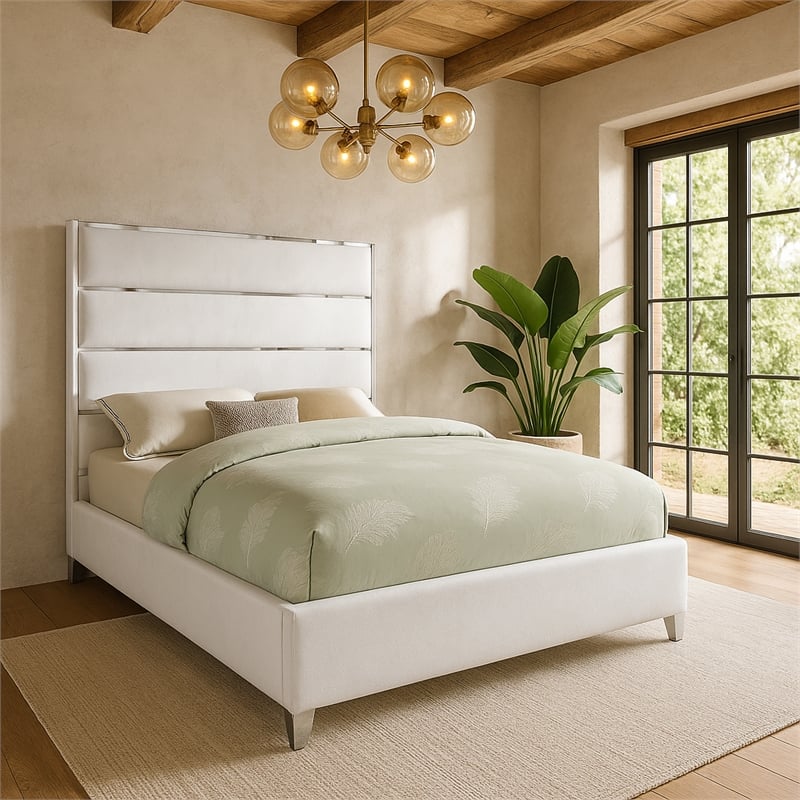 Meridian Furniture Zuma Solid Wood and Rich Velvet Full Bed in White