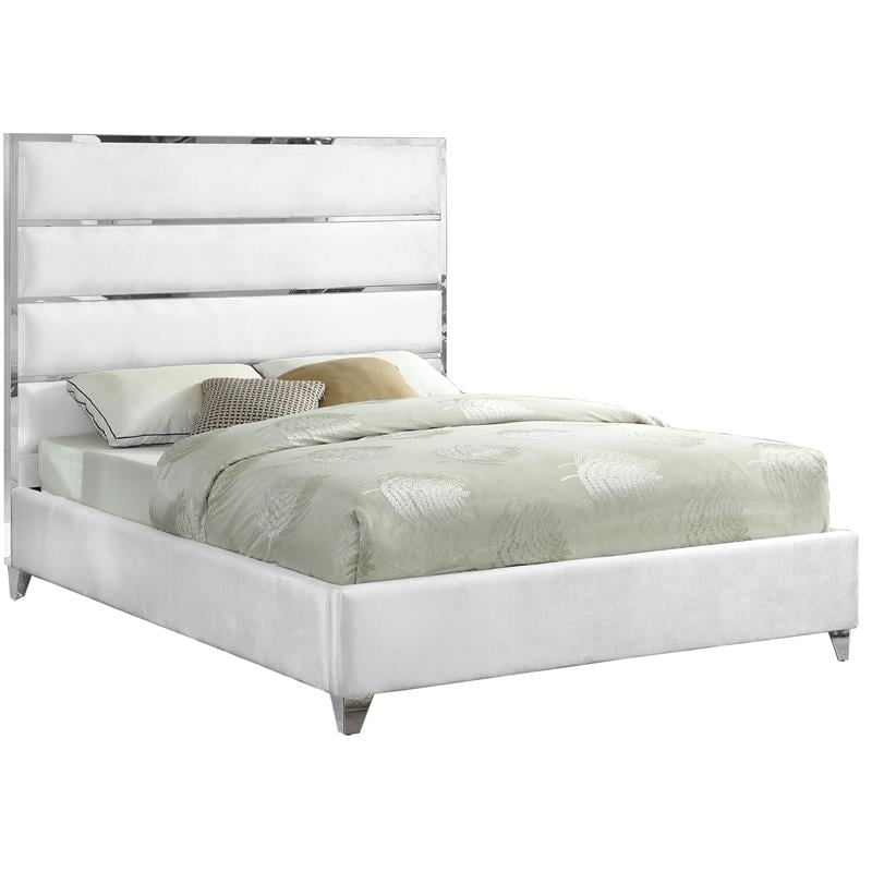 Meridian Furniture Zuma Solid Wood and Rich Velvet Full Bed in White