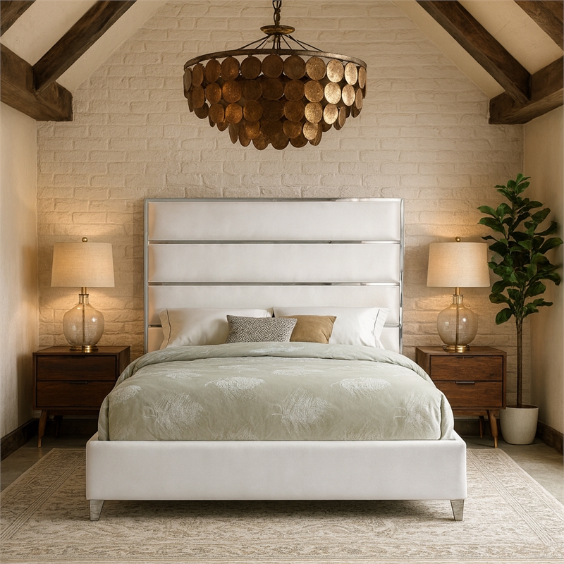 Meridian Furniture Zuma Solid Wood and Rich Velvet Queen Bed in White