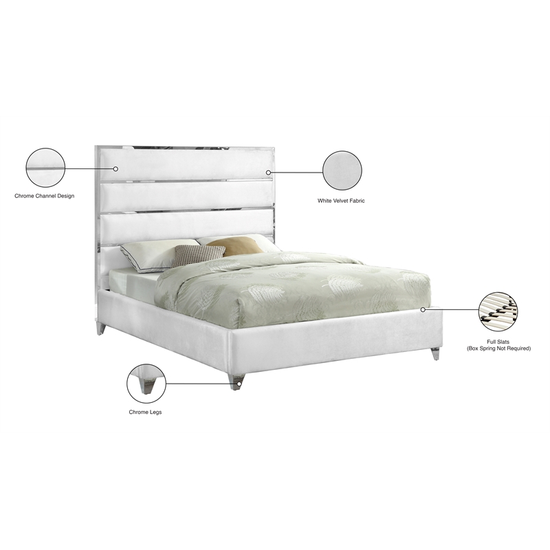 Meridian Furniture Zuma Solid Wood and Rich Velvet Queen Bed in White