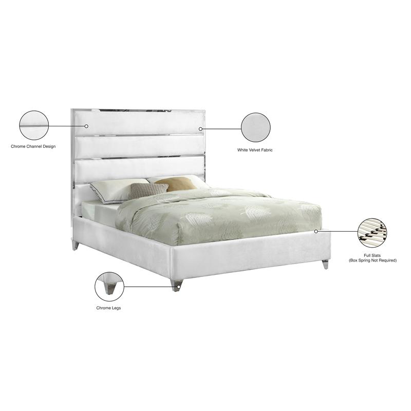 Meridian Furniture Zuma Solid Wood and Rich Velvet Queen Bed in White