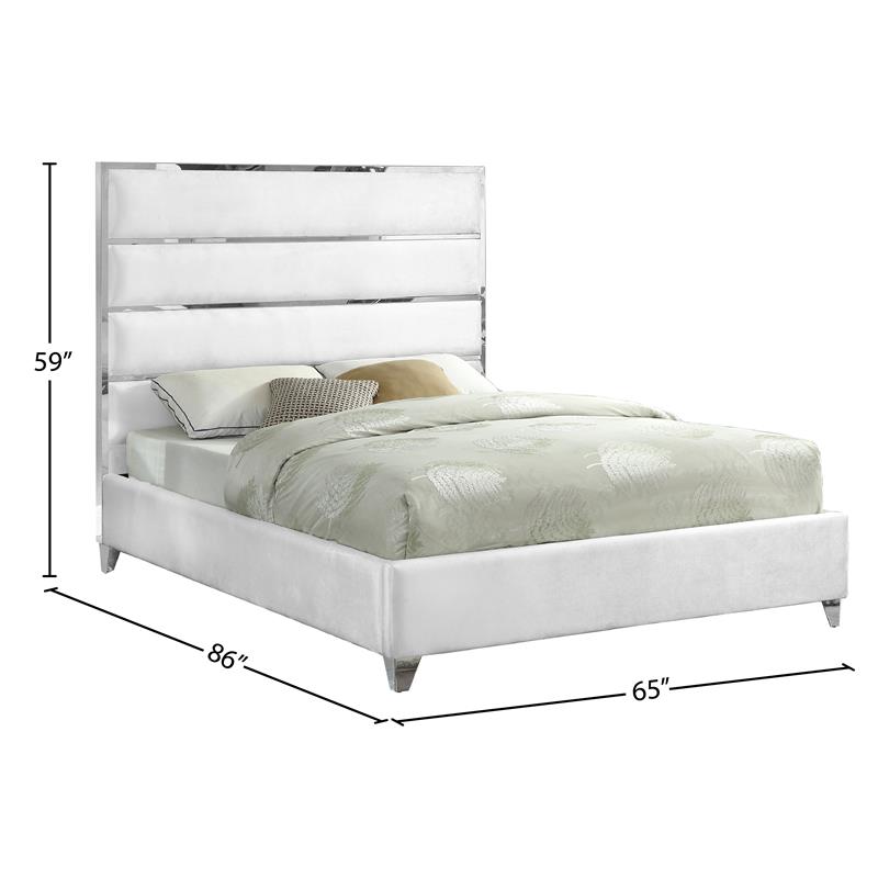 Meridian Furniture Zuma Solid Wood and Rich Velvet Queen Bed in White