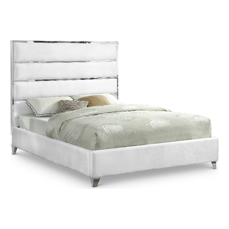 Meridian Furniture Zuma Solid Wood and Rich Velvet Queen Bed in White
