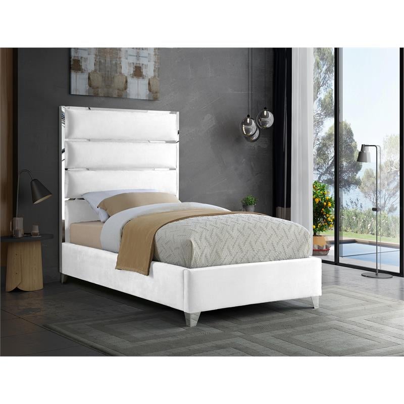 Meridian Furniture Zuma Solid Wood and Rich Velvet Twin Bed in White