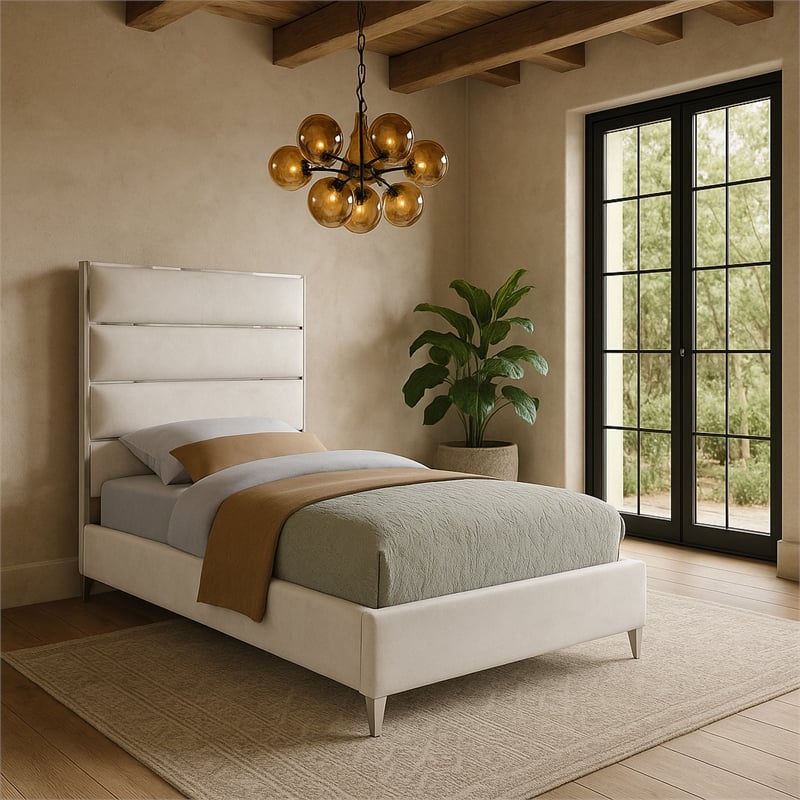 Meridian Furniture Zuma Solid Wood and Rich Velvet Twin Bed in White