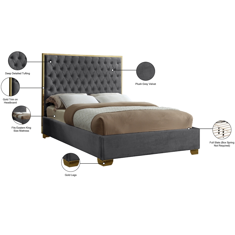 Meridian Furniture Lana Solid Wood and Velvet Upholstered King Bed in Gray/Gold
