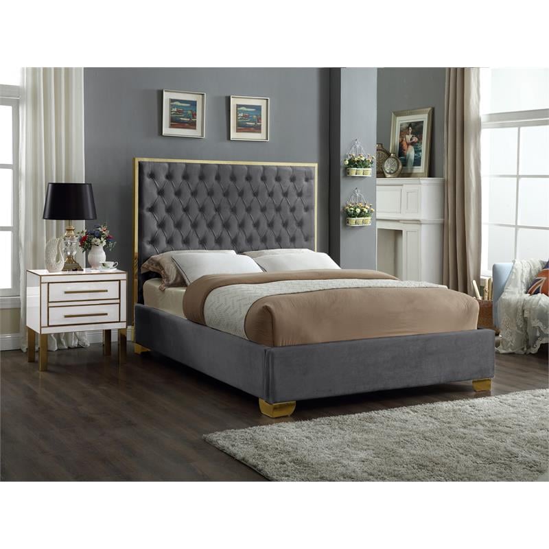 Meridian Furniture Lana Solid Wood and Velvet Upholstered King Bed in Gray/Gold