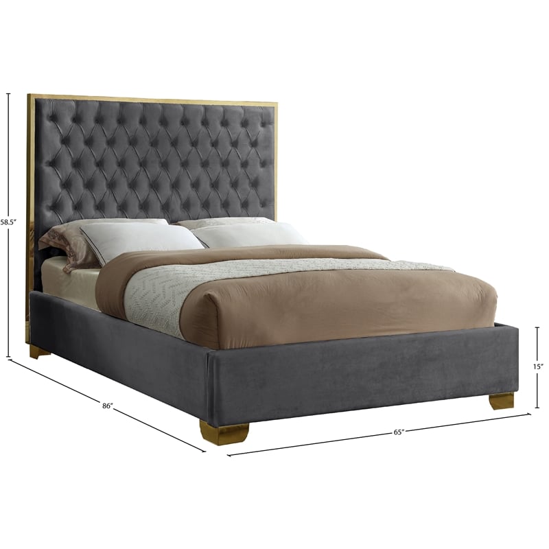 Meridian Furniture Lana Solid Wood and Velvet Queen Bed in Gray