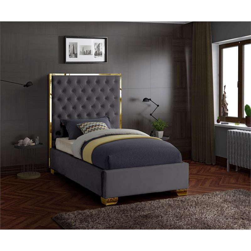 Meridian Furniture Lana Solid Wood and Velvet Twin Bed in Gray