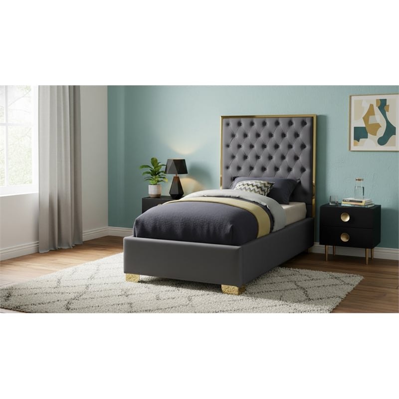 Meridian Furniture Lana Solid Wood and Velvet Twin Bed in Gray