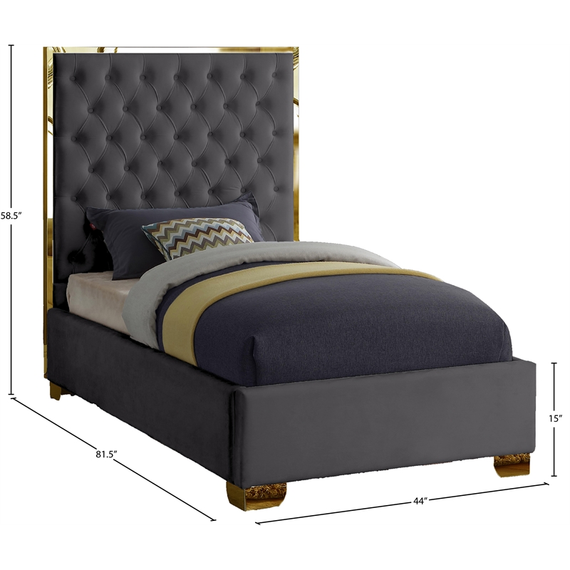 Meridian Furniture Lana Solid Wood and Velvet Twin Bed in Gray