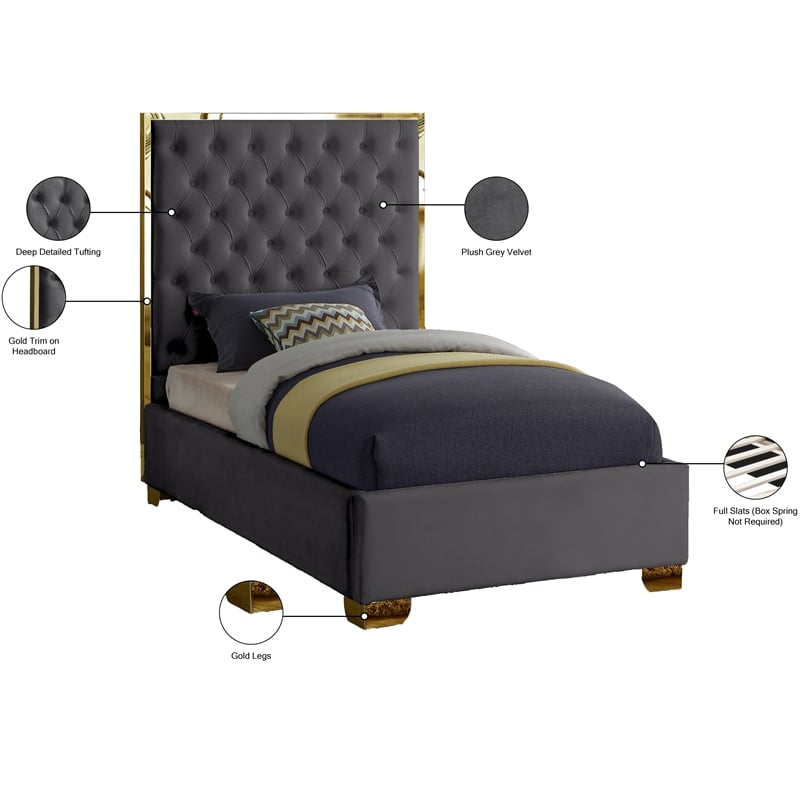 Meridian Furniture Lana Solid Wood and Velvet Twin Bed in Gray