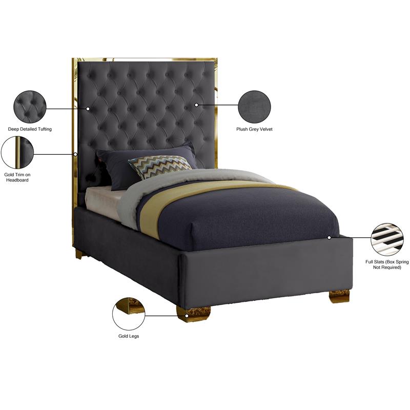 Meridian Furniture Lana Solid Wood and Velvet Twin Bed in Gray