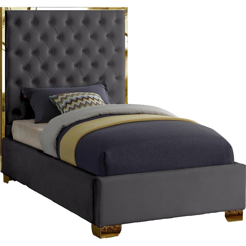 Meridian Furniture Lana Solid Wood and Velvet Twin Bed in Gray