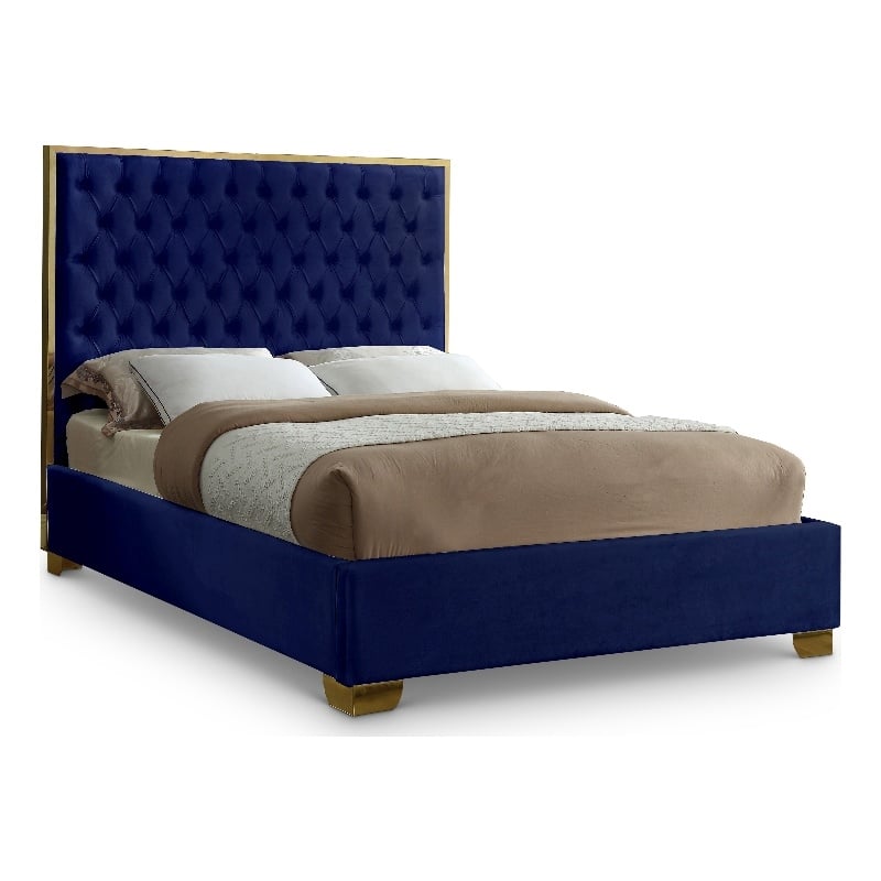 Meridian Furniture Lana Solid Wood and Velvet Full Bed in Navy