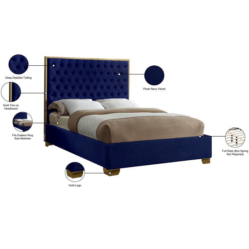 Meridian Furniture Lana Solid Wood and Velvet King Bed in Navy