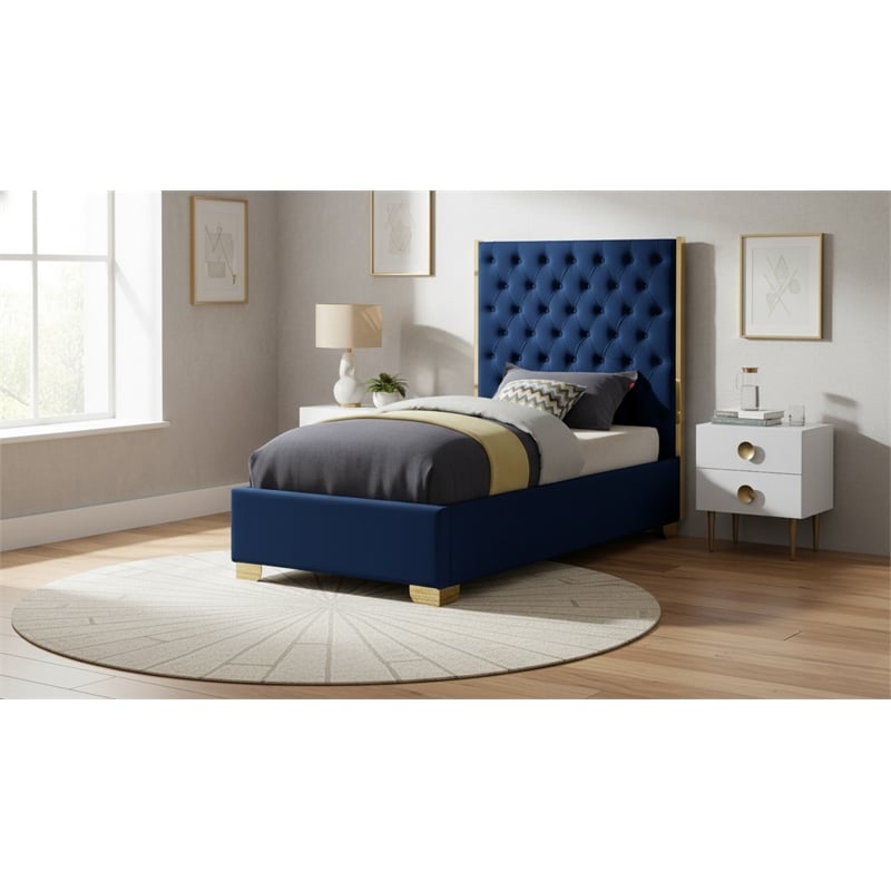 Meridian Furniture Lana Solid Wood and Velvet Twin Bed in Navy