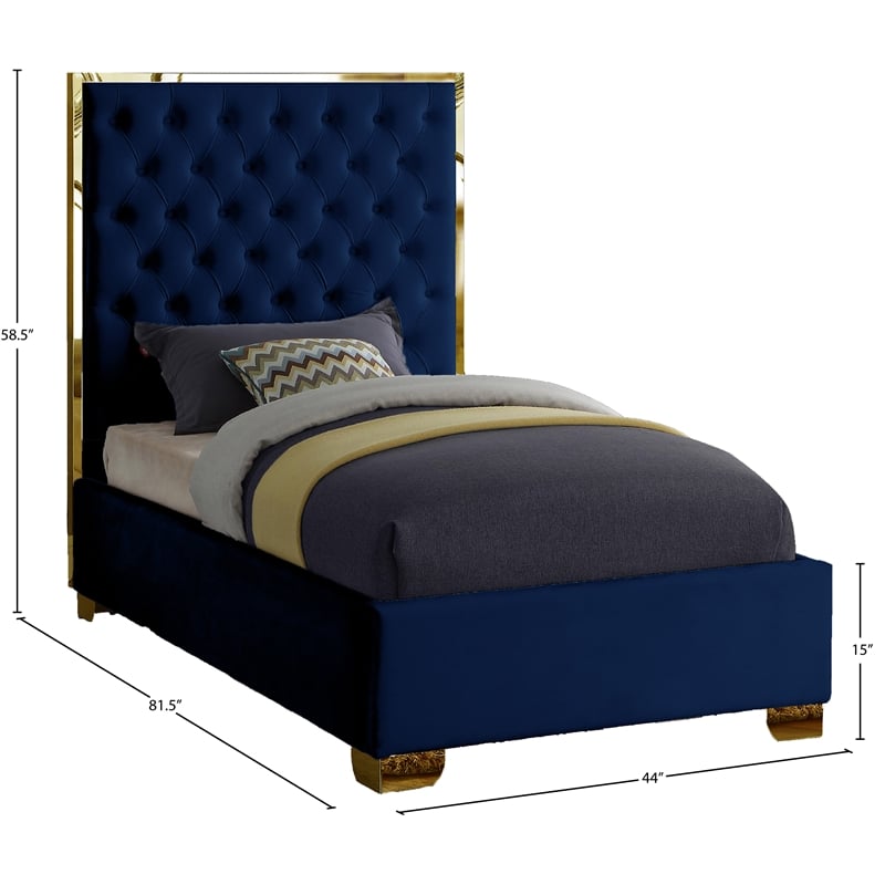 Meridian Furniture Lana Solid Wood and Velvet Twin Bed in Navy