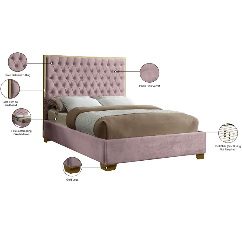 Meridian Furniture Lana Solid Wood and Velvet King Bed in Pink