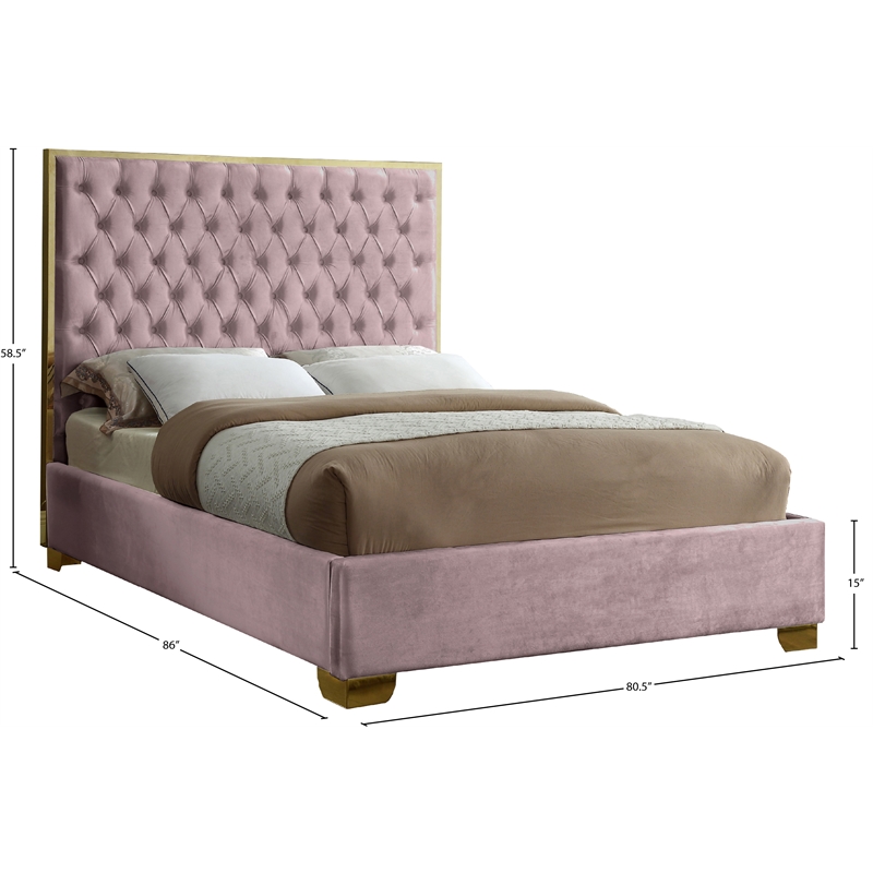 Meridian Furniture Lana Solid Wood and Velvet King Bed in Pink