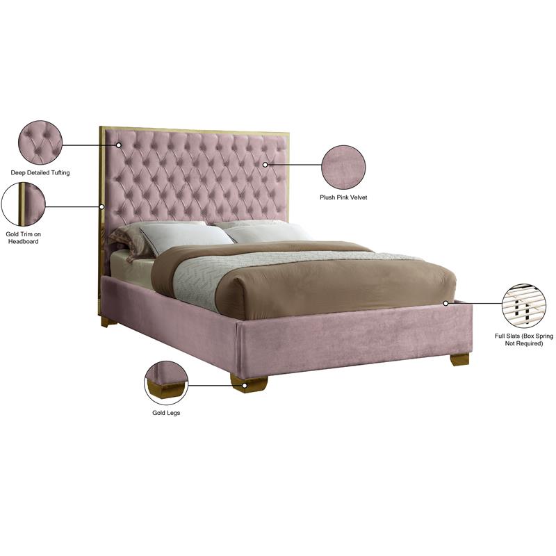 Meridian Furniture Lana Solid Wood and Velvet Queen Bed in Pink