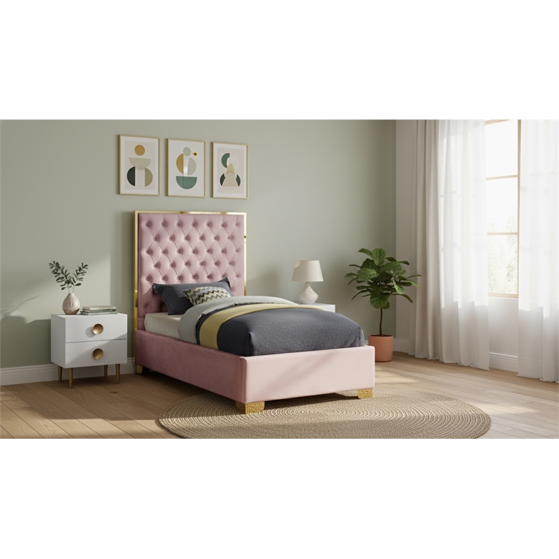 Meridian Furniture Lana Solid Wood and Velvet Twin Bed in Pink